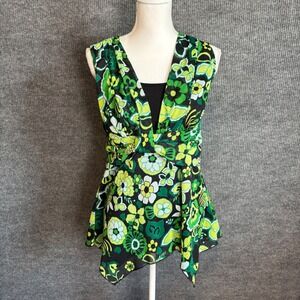 Cato Green Floral Tunic Top Womens M Retro Mod Y2K Empire Waist Layered